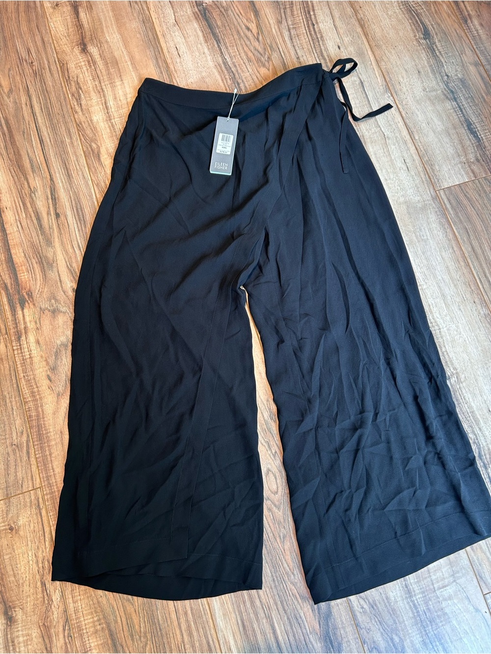 Eileen Fisher Black Wide-Leg Wrap Pants 100% Silk NWT Womens XS